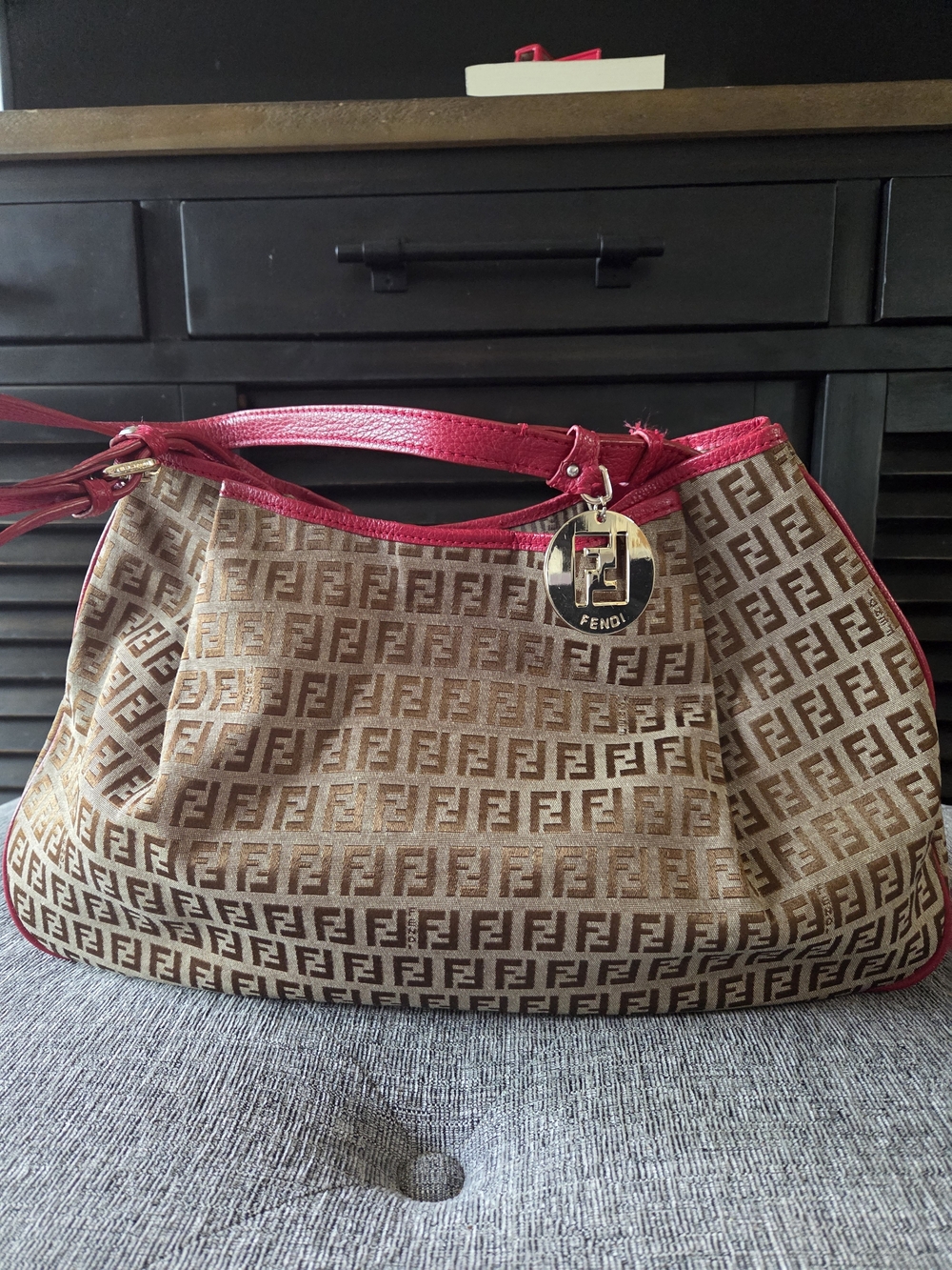 Fendi Brown FF Monogram Shoulder Tote Bag with Pink Leather Trim